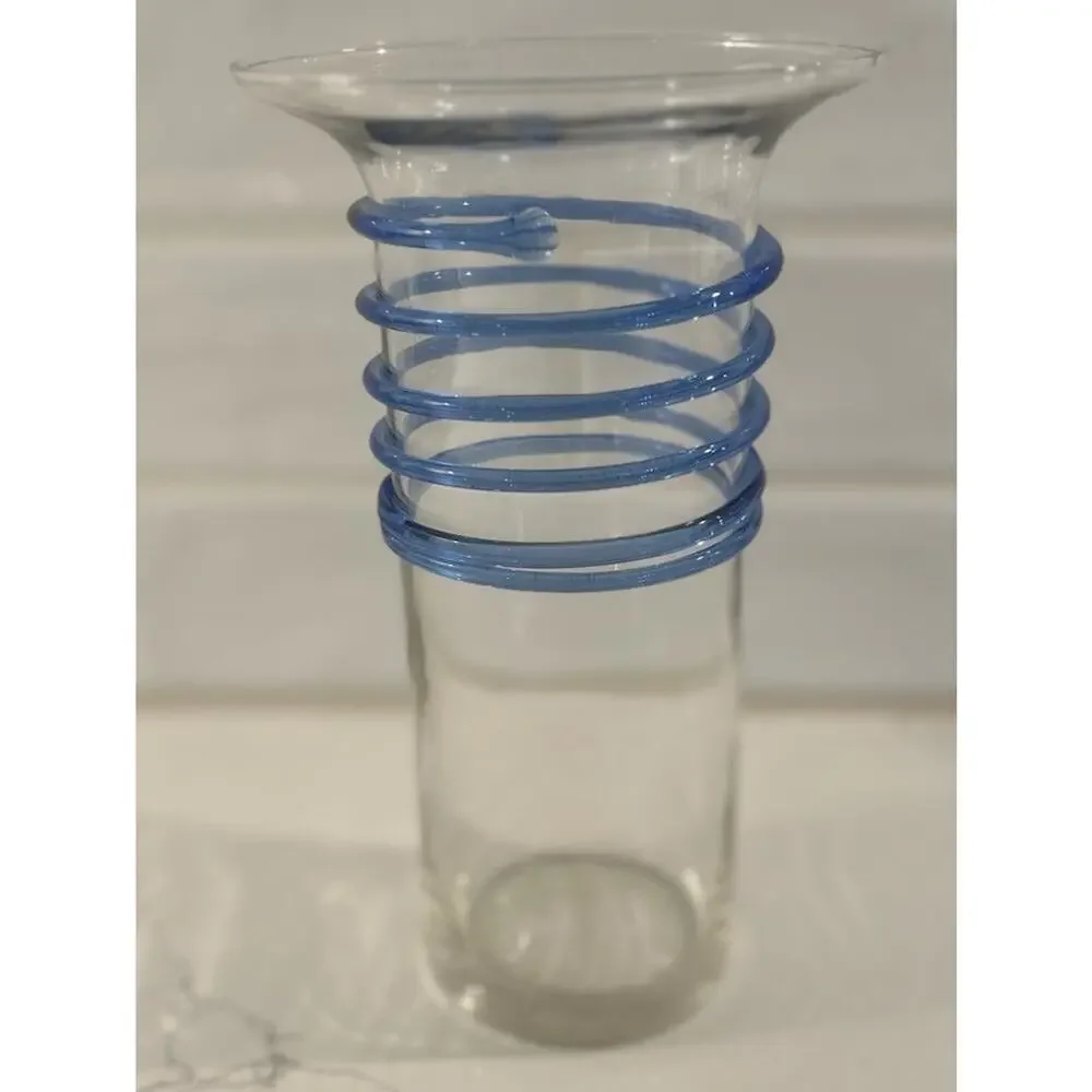 Vintage vase Applied Blue Swirl‎ on Clear Glass Vase 8.75” Art Glass